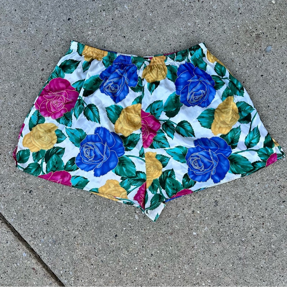 Vintage Colorful Floral Rose Satin Shorts